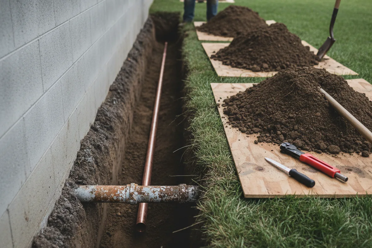 Excavated water line trench during Sewer Line Repair in Malone